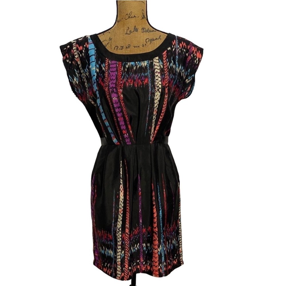 Fishbowl Dress M Black Multicolor Print Short Dolman Sl Steen Lightweight Belt